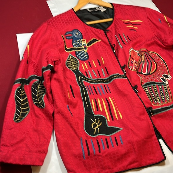 Maggie Barnes RED BIRD artsy button up BLAZER Art to wear,TOTEM pole shapes 3XL - Picture 7 of 16